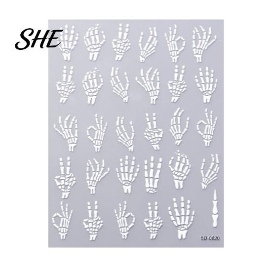 Fingertip Nail Art Halloween 3D Embossed Stickers, Skeleton Hand Pumpkin Spider Bat Supplies Decals, Gothic Manicure Decoration Decals for Holiday