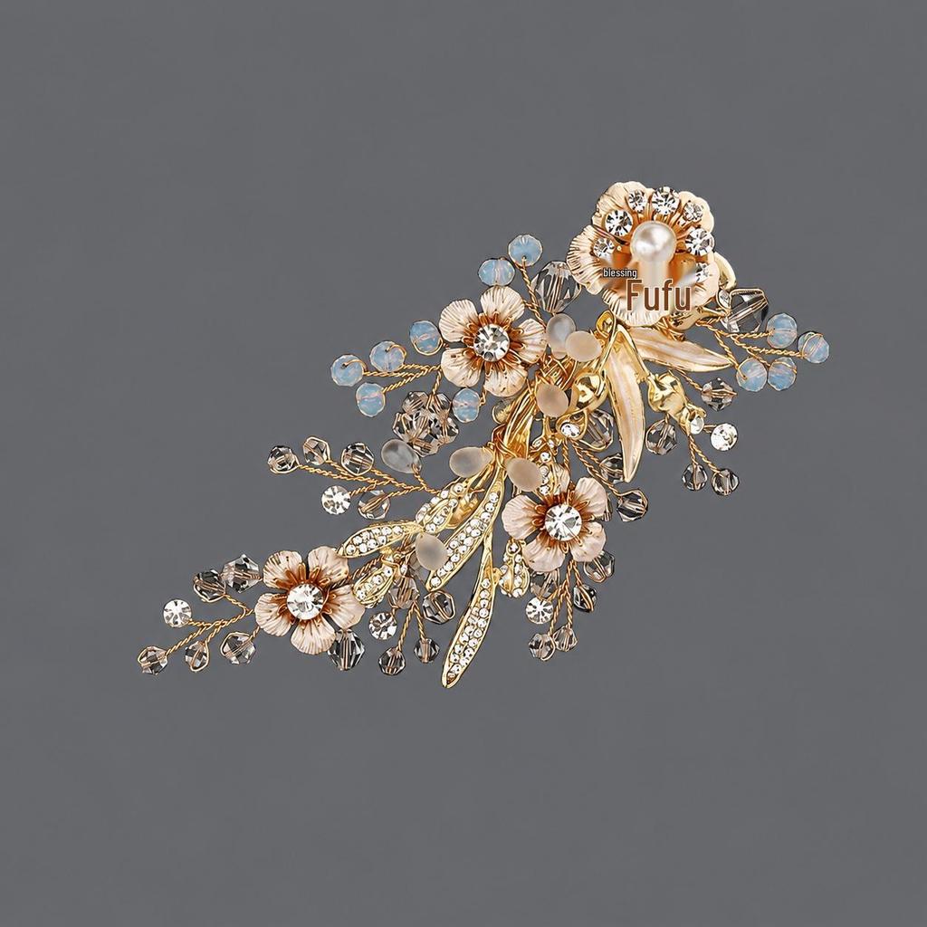 Handmade Flower Hair Clip with Alloy, Pearl and Drip Oil - Bridal Wedding Headwear Accessory