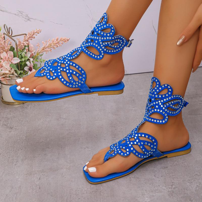 Summer New Flat Shoes Women Square Head Toe Crystal Line with Soft Sole Anti-slip Wear-resistant Sandals