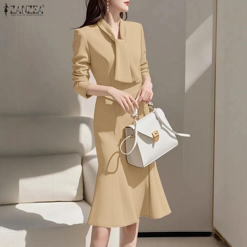 ZANZEA Women Elegant Casual Round Neck Long Sleeve Dress