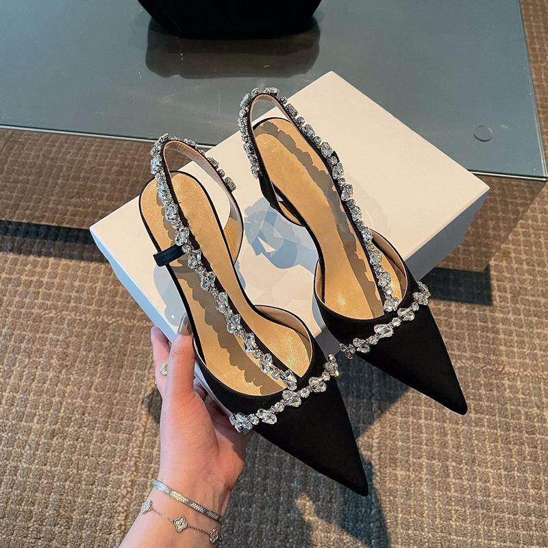 Temperament French small heels socialite pointed single shoes fairy white high heels thin heel rhinestone bag head sandals female summer