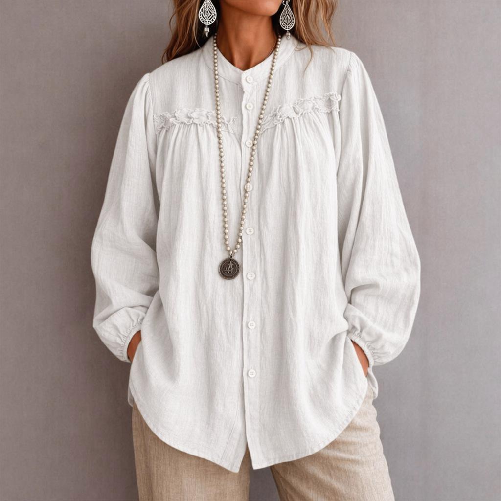 Women's Fall Long Sleeve Blouse with Embroidery and Cutout, Round Neck Loose Fit Casual Shirt