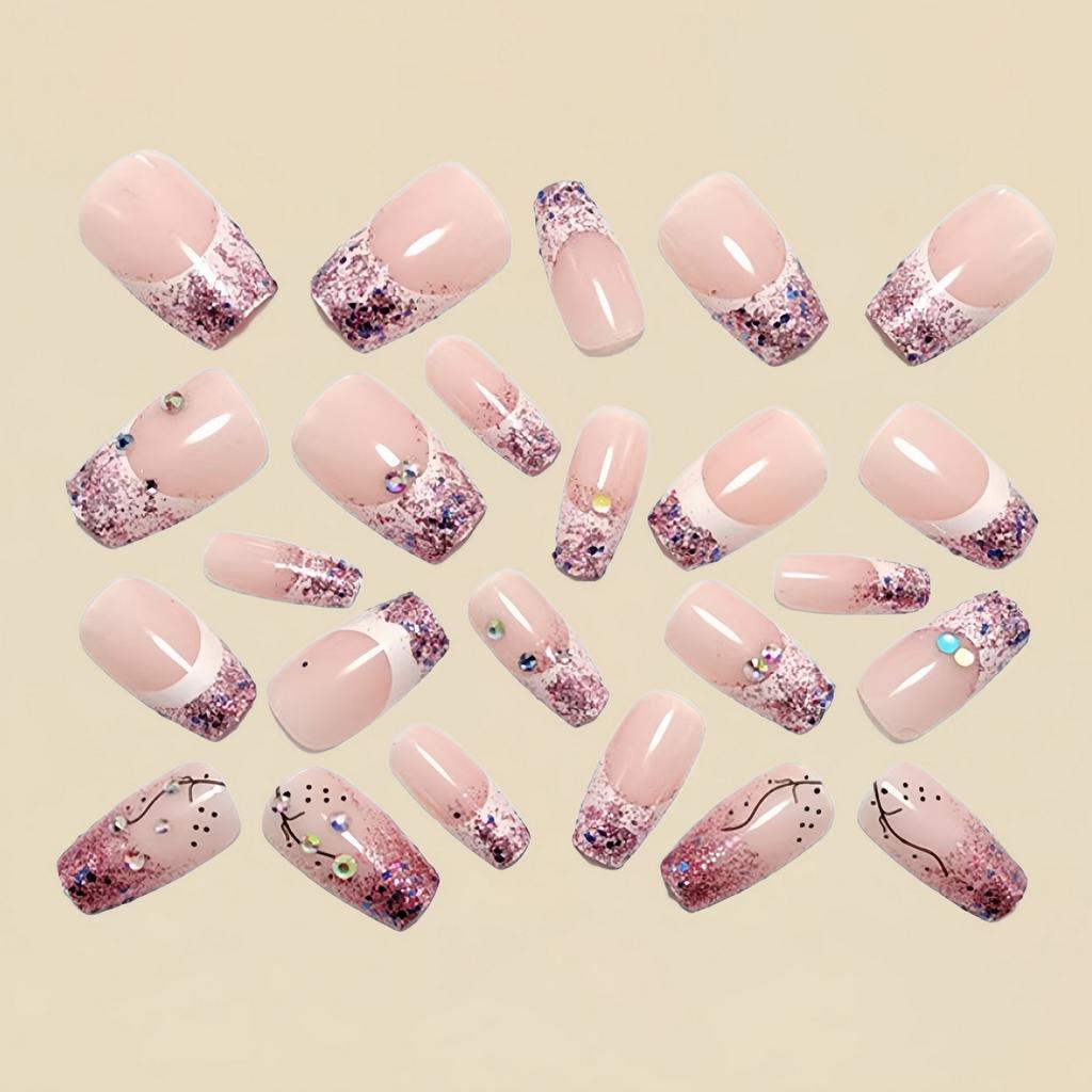 French Medium Length False Nails With Glitter Silver Powder 24 Pieces Elegant Design For Weddings And Parties