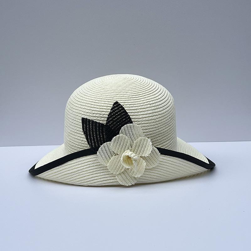 

Xiaoxiangfeng Camellia Half-Folded Straw Hat Women S Summer Sunscreen Bucket Hat Thousand Gold Wind Contrasting Color Edge Pot Hat Foreign Style Top M（56-58cm）