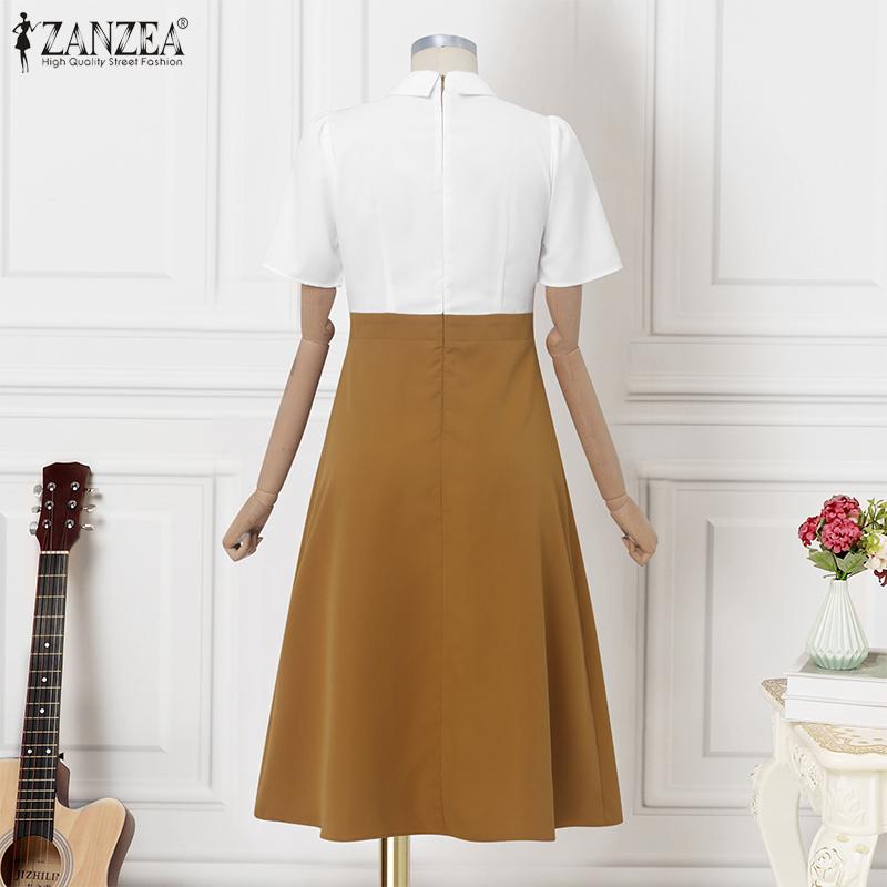 ZANZEA Women Classic Collar Summer Casual Short Sleeve Patchwork Dress