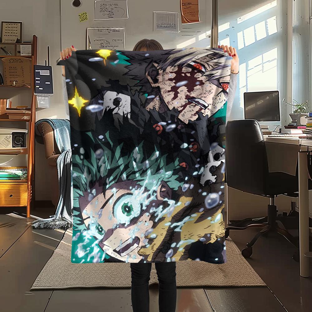 My Hero Academia Deku & Bakugo Pattern Flannel Blanket, High Quality Comfortable for All Seasons, Home Decor, Warmth and Comfort, Perfect for Gifts.