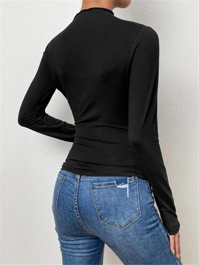 2024 High Neck Solid Color Slim-Fit Women's Long Sleeve Ruched T-Shirt