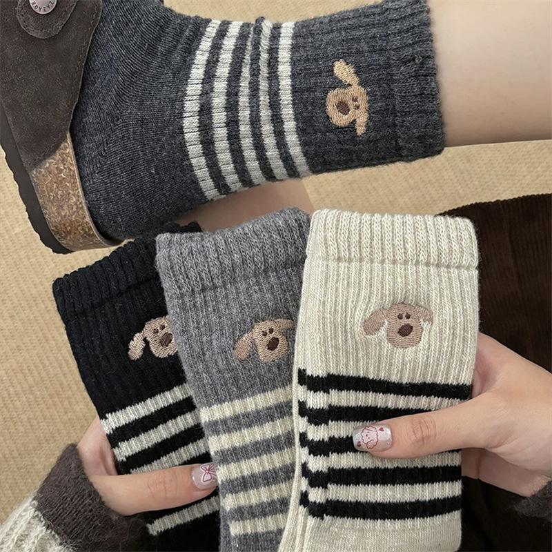 Embroidered Puppy Wool Striped Socks Children Dongdaemun Medium Tube Socks Cute Winter Warm Pile Socks