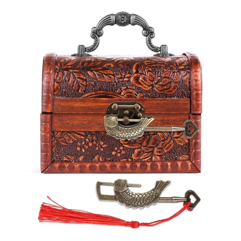 Vintage Fiskformad Hänglås med Nyckel Brons Antikt Lås Brons Fiskdesign Lås för Träresväskor & Smyckeskrin