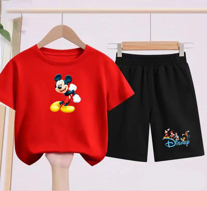 Children's Set - Disney Print Summer Boys' and Girls' Sports T-Shirts, Casual Short-Sleeved Shorts Set, 2-piece, for Ages 2-13
