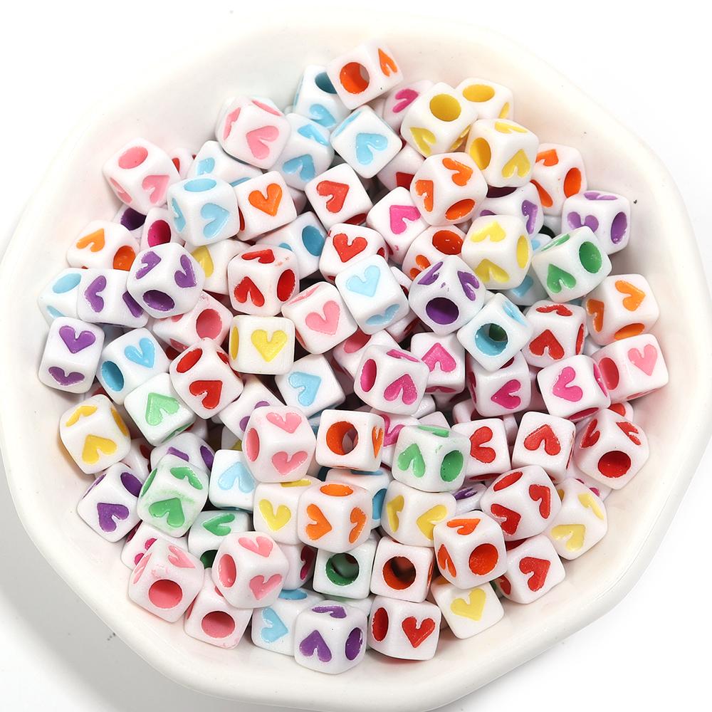 100Pcs 6mm Acrylic Drop Oil Beads Colorful Heart Pattern Square Loose Beads For DIY Bracelets Phone Chains Jewelry Supplies