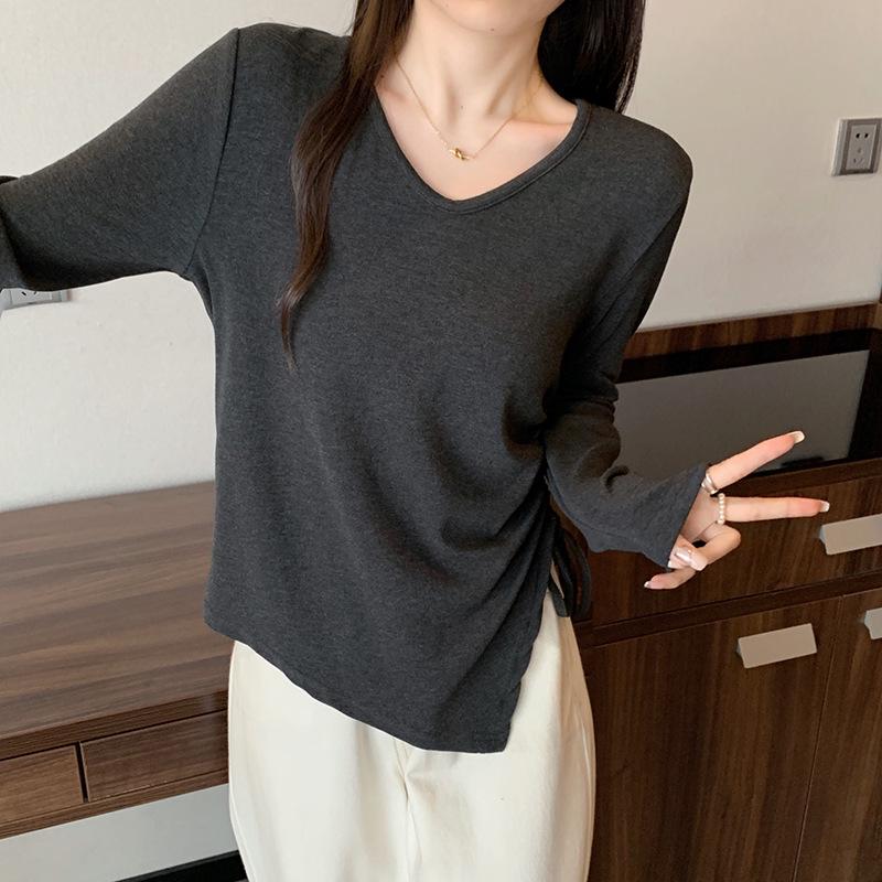 2026 Spring Plus Size Women s V-neck Irregular Drawstring Long Sleeve T-shirt 4XL