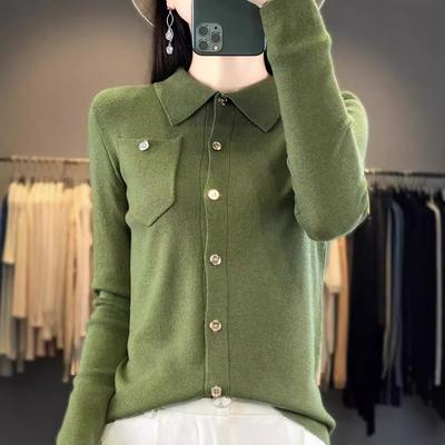 Long Sleeve POLO Shirt Women's Sweater Autumn Lapel Straight Knit Top