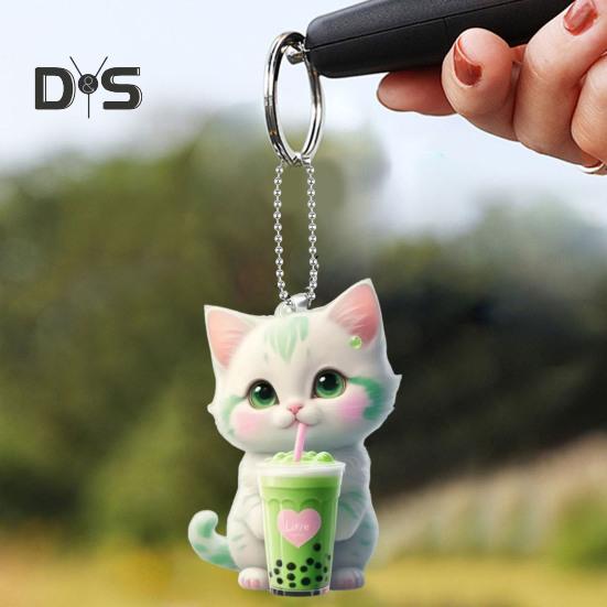 Mléčný čaj Kočka závěsná dekorace s korálkovým řetízkem Oboustranný akrylový 2D kreslený koťátko Cartoon přívěsek zpětné zrcátko