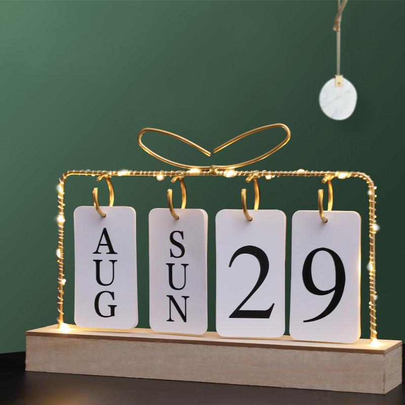 Flipkalender med lys til skrivebord Træ Evig Kalender til Skrivebord Med Måned Dato Visning Skrivebordskalender til Hjemmekontor Indretning