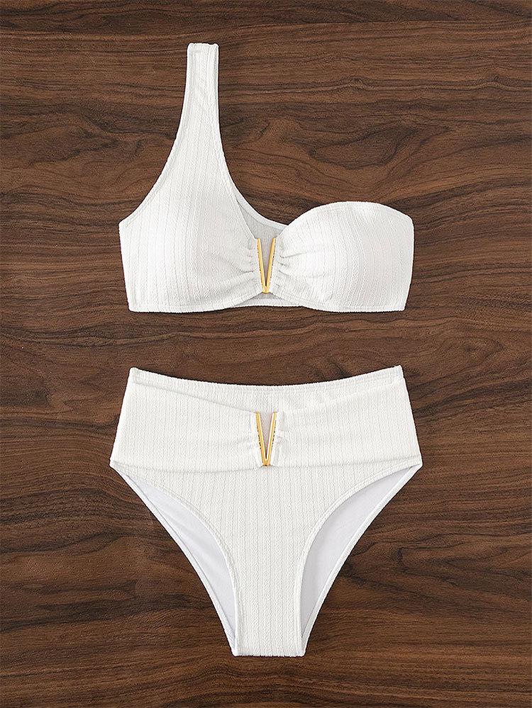 European-American Style 2025 One-Shoulder Solid Color Bikini Swimsuit for Women