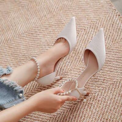 French Pearl Small High Heels Women's Spring and Autumn New Girl Summer Temperament Pointed One-word Buckle Stiletto Shoes