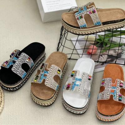 Women's Shoes with Diamond Surface, Colorful Hemp Rope, Thick Soled Slippers, Beach Cork Slippers