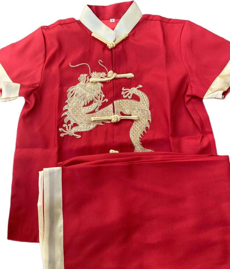 Children's Tang Suit Red Hanfu with Embroidered Dragon - Short Sleeve for Boys, Spring/Autumn