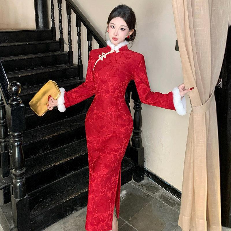 Red velvet winter clothing national style new Chinese long-sleeved improved cheongsam winter thick women s young New Year s clothing S