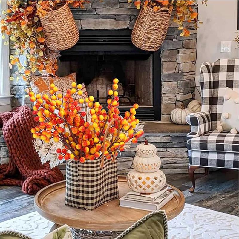 10Pcs Artificial Fall Berry Stems Branche Faux Orange Plant Arrangements for Autumn Thanksgiving Home Table Christmas Decoration
