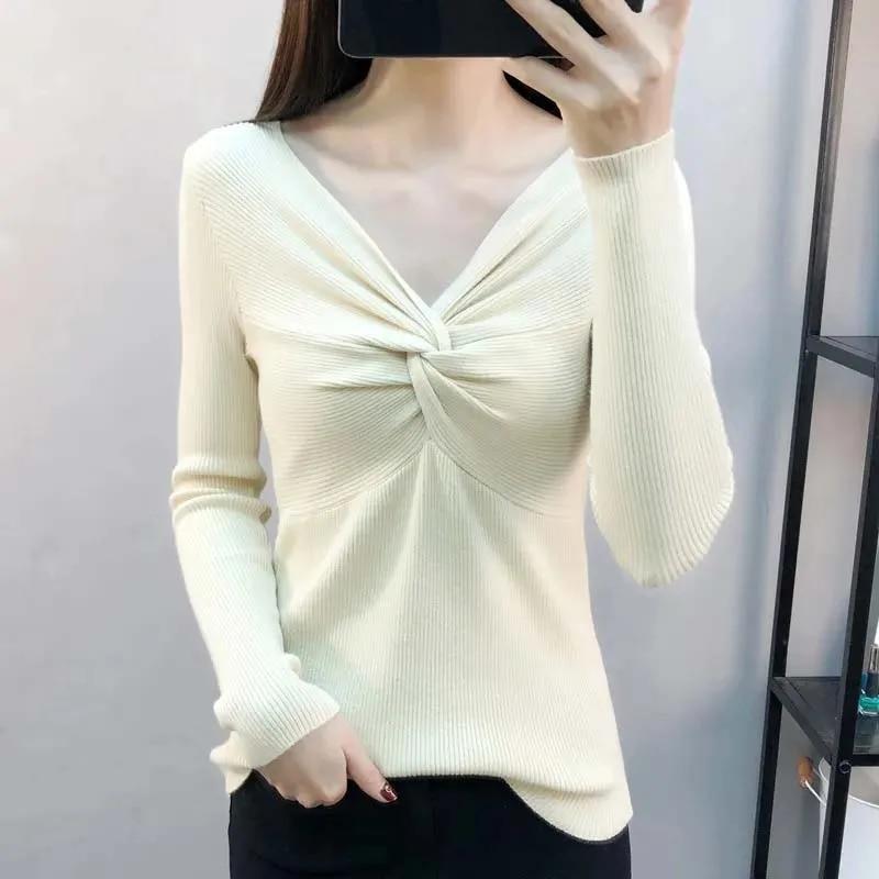Pullover mit V-Ausschnitt für Damen, schmale Passform, kurzes Oberteil, Pull-Pullover, Strickpullover, solide Langarm-Damen, Frühling und Herbst