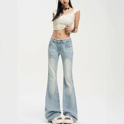 Lace Splicing Micro-large Jeans Female Summer Washed Blue Retro Skinny Low-waisted Denim Pants Retro Street Style Baggy Long Jeans for Ladies