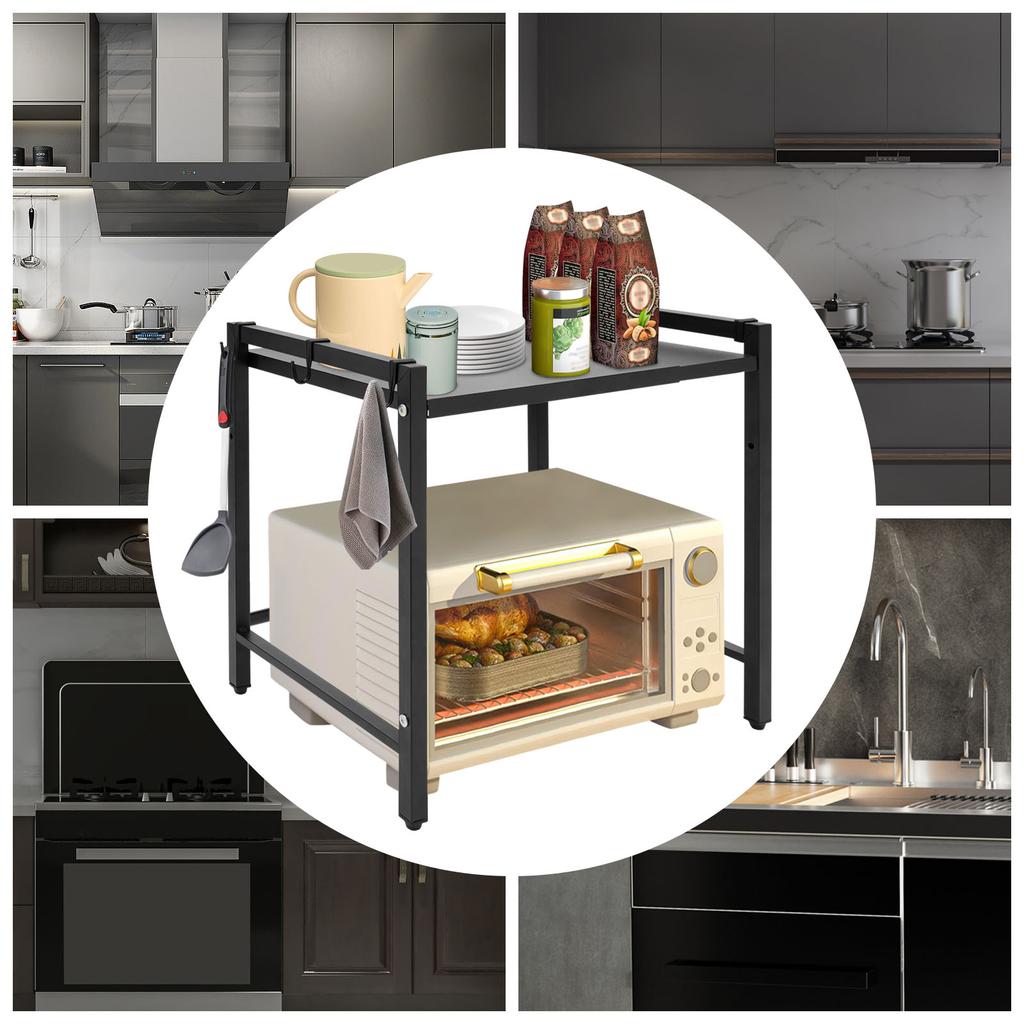 Bymaocar 2 Tiers Adjustable Microwave Stand Black Extendable Oven Shelf Wear-resistant Kitchen Countertop Organizer with Hooks