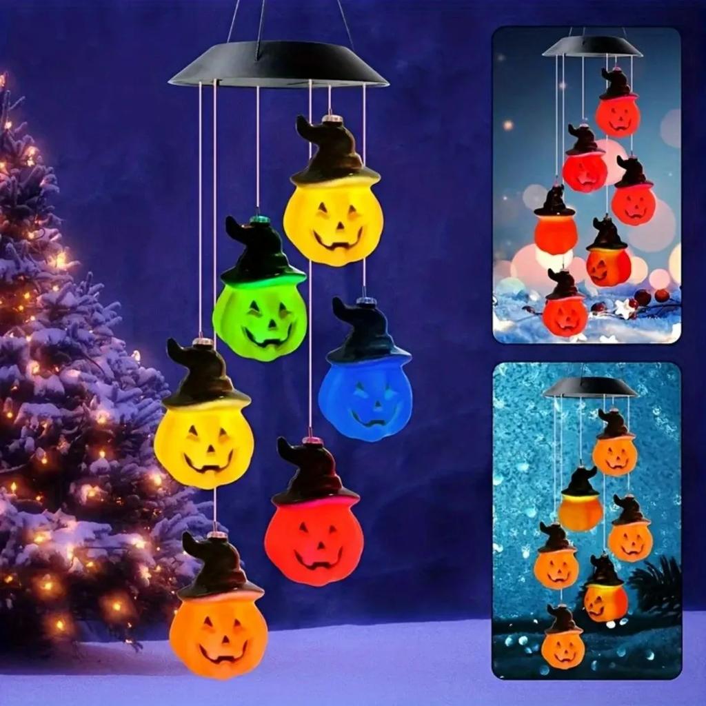 LED Solar Halloween Colored Wind Chimes Pumpkin Lanterns Festive Decorative Atmosphere Lights for Terraces and Courtyards