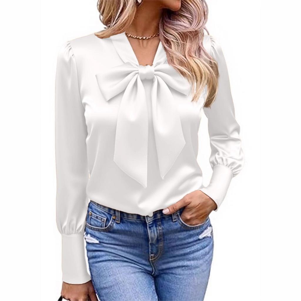 2025 Autumn Bow Satin Long Sleeve Women's Casual Solid Shirt
