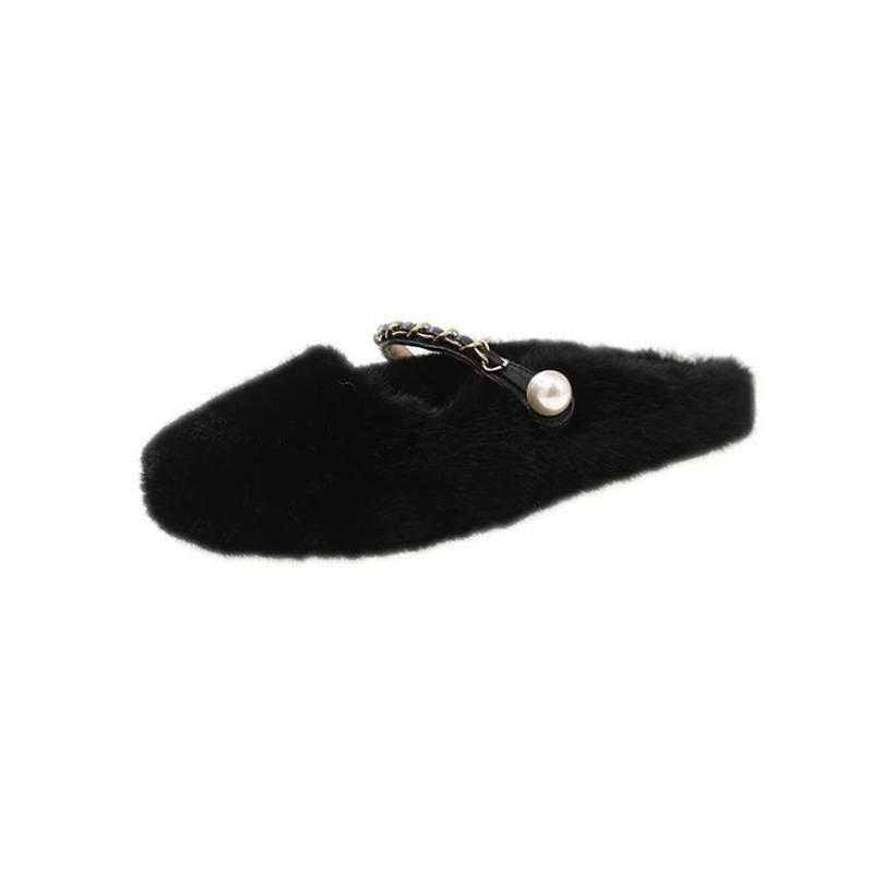 Flat bottom Mary Jane casual fluffy slippers women's winter new warm home plush bag head cotton mop