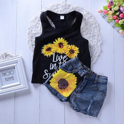 Girls Fashion Sunflower Printed Vest Denim Shorts Kids' Suit