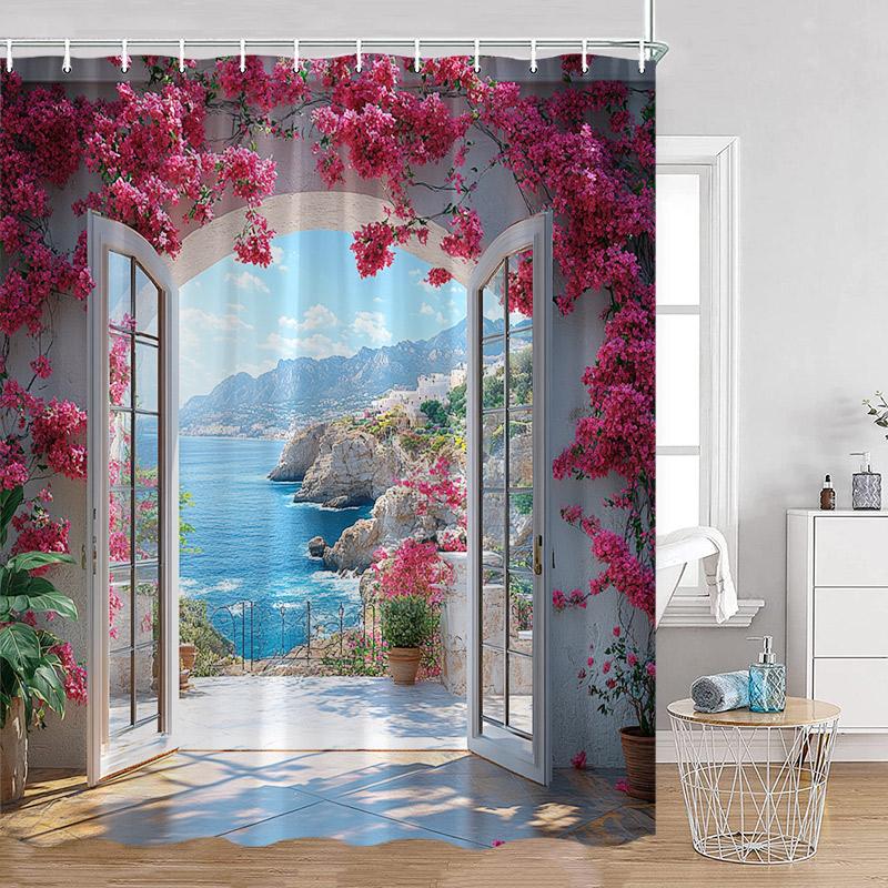 Greek Mediterranean Shower Curtain Purple Flowers Blue Door Window White Architecture Nature Landscape Bathroom Curtains Decor