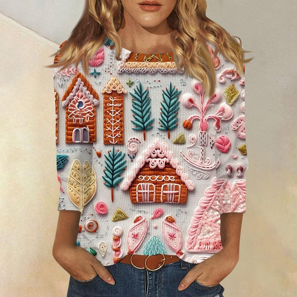 Damenmode und Winter Lässiges Rundhals-T-Shirt mit gebürstetem, geripptem Weihnachtsdruck und Dreiviertelärmeln, Damenbekleidung