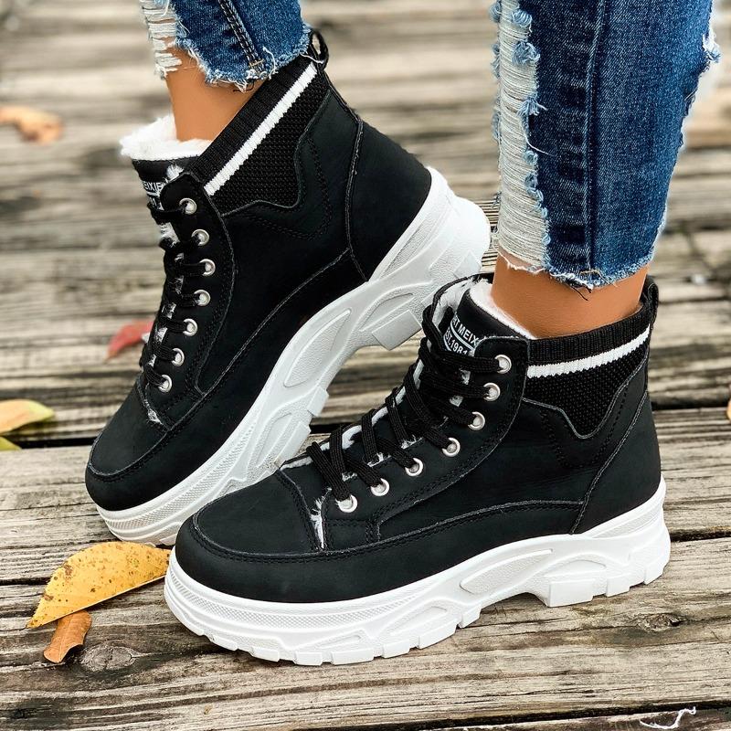 2024 Plus Size Women's Shoes Ankle Women's Boots Platform Casual Boots Women Round Toe Med Heel Front Lace-up Warm Ladies Shoes