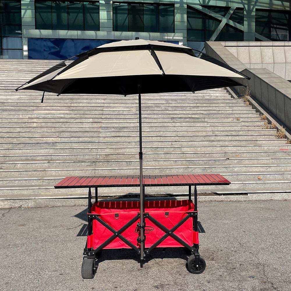 Adjustable Folding Handcart with Umbrella, Elevated Canopy & Table Top for Street Stalls or Camping.