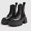 2025 Chunky Heel Black Mid Calf Platform Boots Women Fashion Lace Up Side Zip Design Soft Leather PU Biker Boots for Women Botas