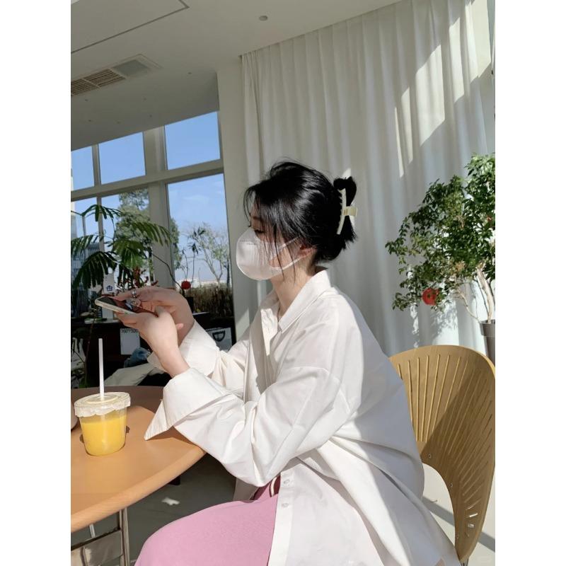 

2024 Ранняя весна Повседневная белая рубашка Женская свободная мода с длинным рукавом Простая офисная блузка Новые карманы с лацканами Элегантные длинные топы Одежда 2045 One Size белый