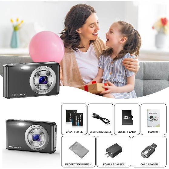 Digital Camera, HD 1080P Compact Camera with 32GB Memory Card, 48 Megapixel Camera, 2.4-inch LCD 16x Digital Zoom Digital Camera for Kids, Girls,