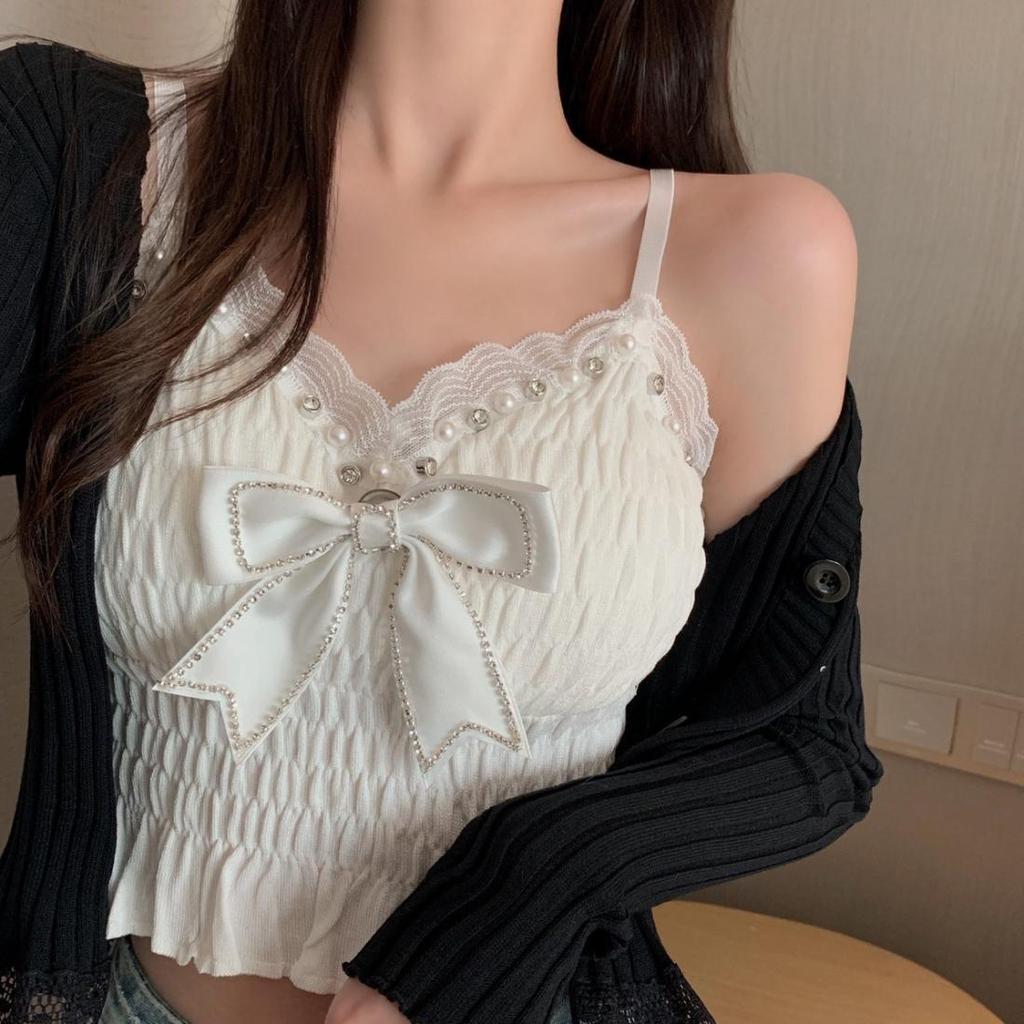 Folded Mesh Spliced Chest Wrapped Vest Short Style Nail Bead Bow Wooden Ear Strap Top for Women