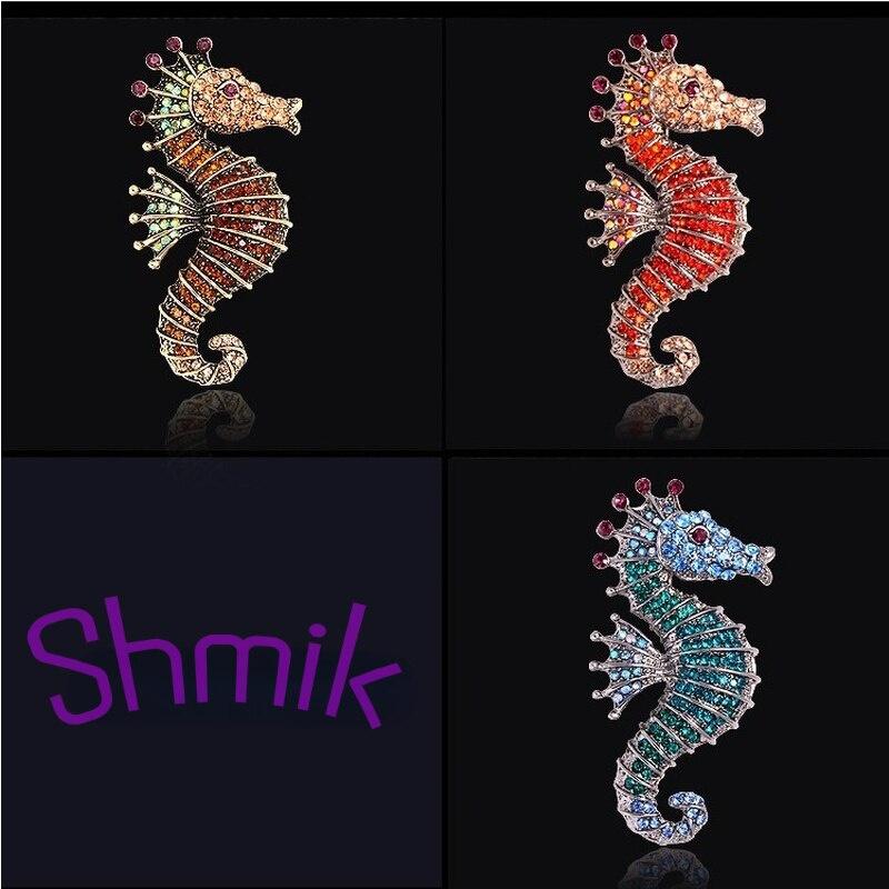 3 Colors Elegant Ladies Shiny Rhinestone Seahorse Brooches Retro Luxury Sparkling Sea Animal Casual Brooch Pins Gifts For Women