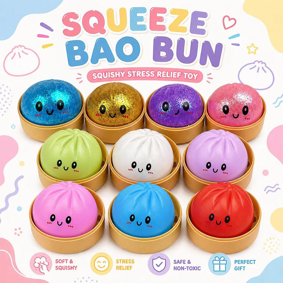 2026 New Cute Baozi Squishy Toy Stress Relief Steamed Bun Squeeze Toy with Bamboo Steamer Box Slow Rebound Desk Decor Gift
