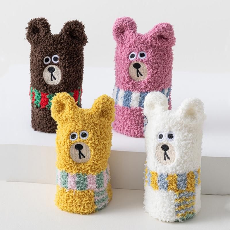 Children Autumn Winter Socks Bear Coral Fleece Warm For Cute Kawaii Girls Boys Socks Thickened Soft Socks Home Floor Bear Socks