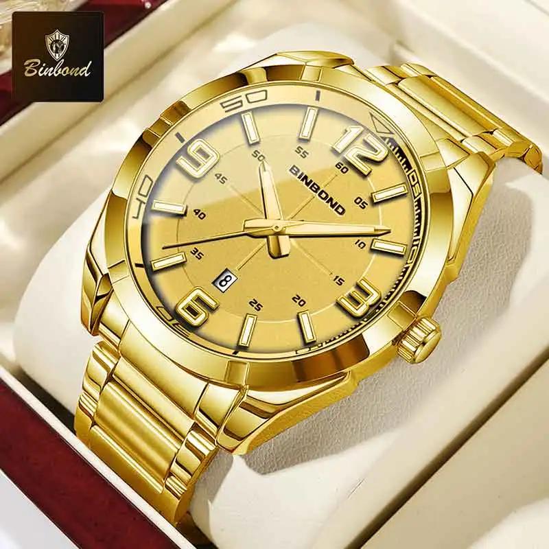 BINBOND New Business Men's Watch Luxury Stainless Steel Strap Waterproof Sports Watch Original Luminous Quartz Watches for Men