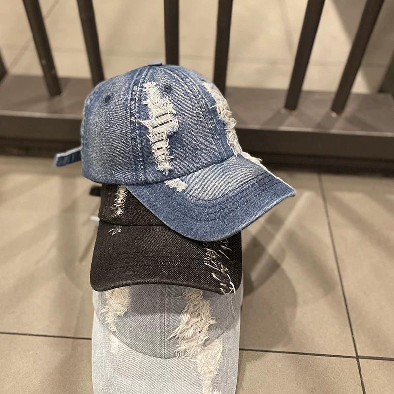 Koreanischer Stil Sonnenschutz Gewaschener Denim Ripped Baseballkappe für Damen, geeignet für Frühling und Herbst, Outdoor Sonnenschutz Streetwear Mode Kappe
