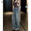 Korean Fashion Women Stylish Long Jeans High Waist Diamonds Washed Cotton Straight Jeans Feminine Modern Ladies' Denim Pants With Pockets