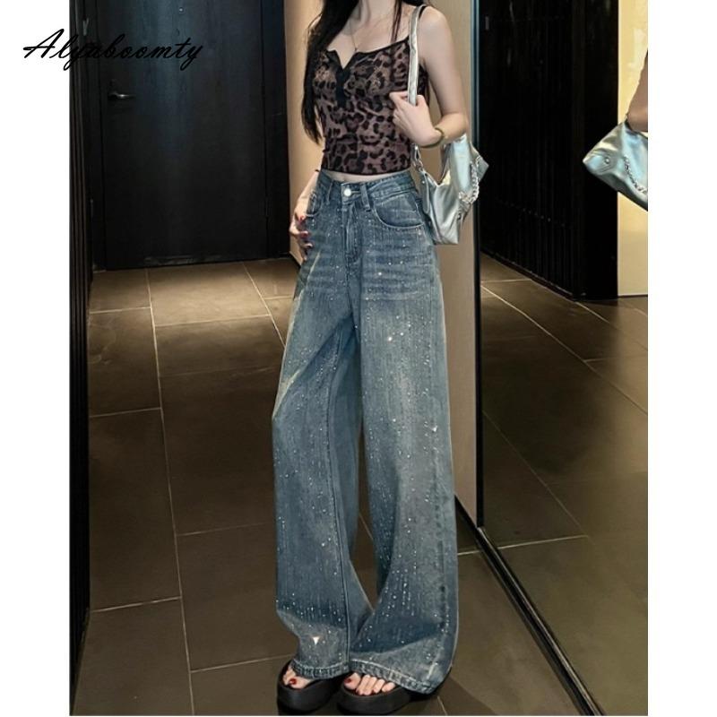 Korean Fashion Women Stylish Long Jeans High Waist Diamonds Washed Cotton Straight Jeans Feminine Modern Ladies' Denim Pants With Pockets
