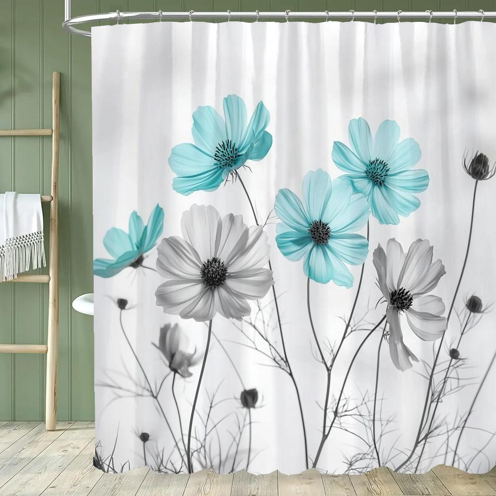 1PC Purple Flowers Shower Curtain,  Watercolor Floral and Plants Bathroom Decorative Curtain,Polyester Home Curtain with Hooks