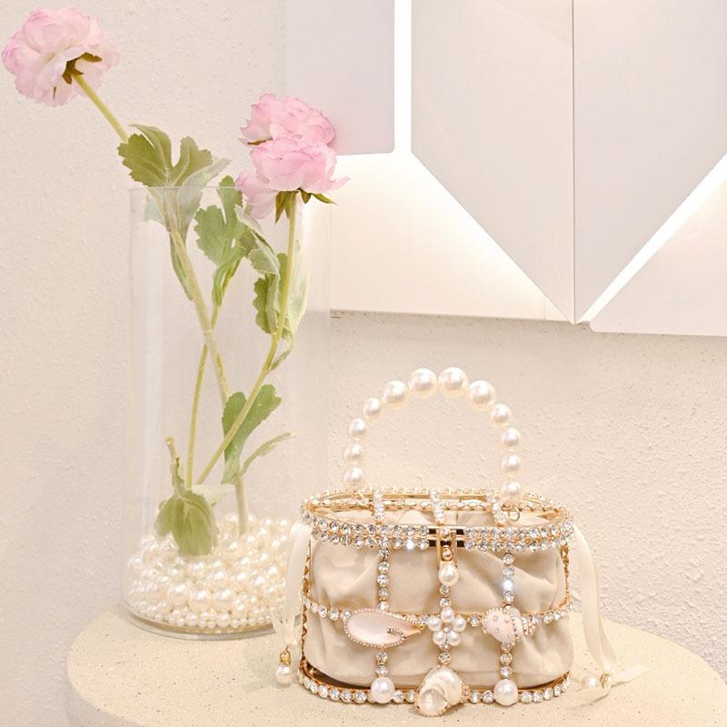 Metal Vegetable Basket Diamond-encrusted Dinner Bag Hollow Pearl Shell High-end Temperament Handbag