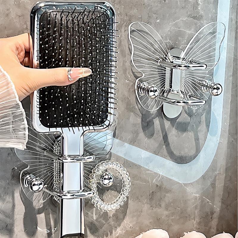1pc Butterfly Design Bathroom Storage Hook Self-adhesive Girls Hairband Comb Storage Rack Home Organizer